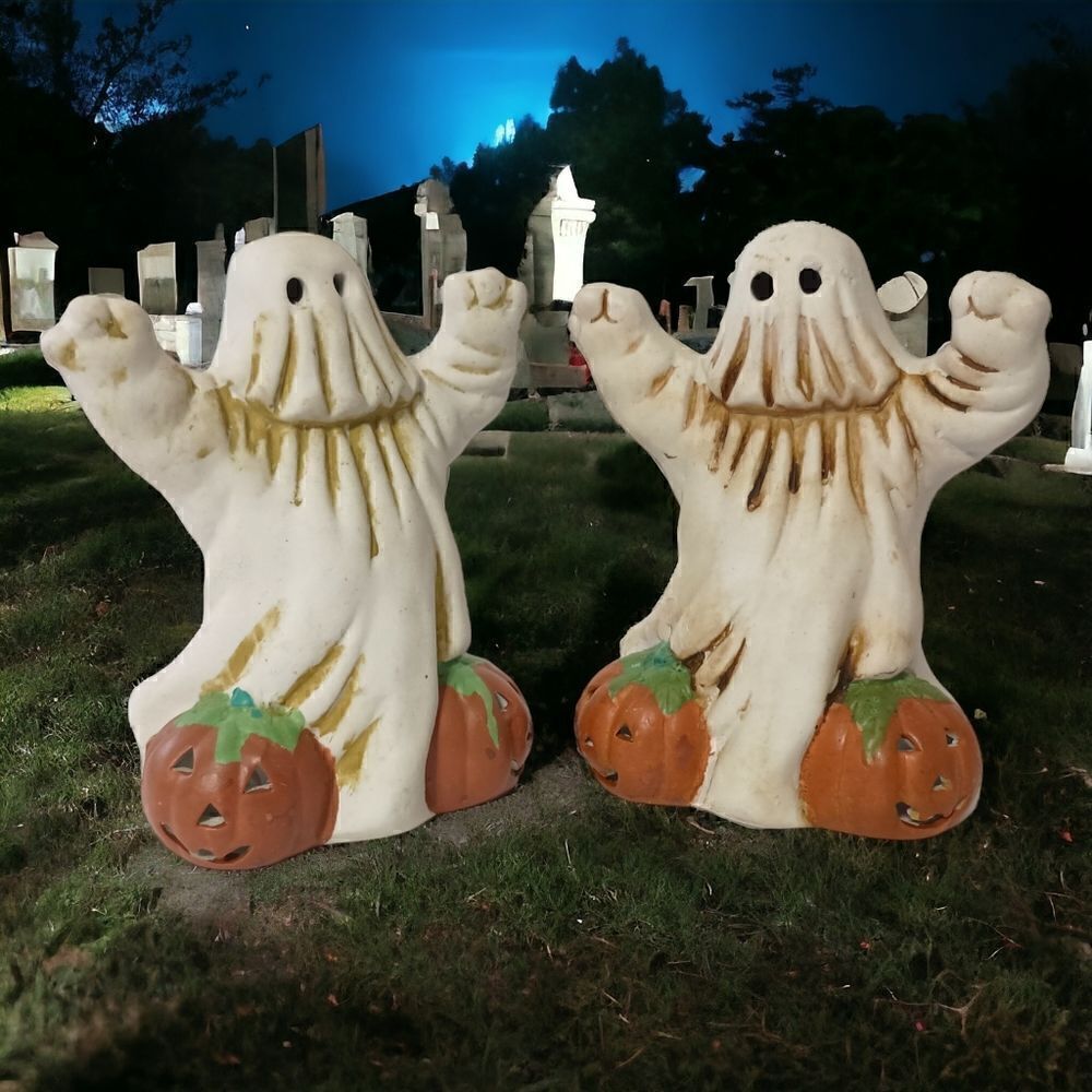 Vintage Ceramic Ghost Votive Holders Pair Halloween Pumpkin Jack O Lantern Decor